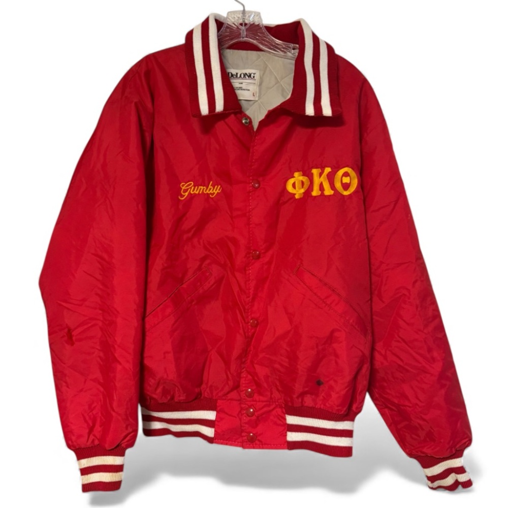 Delong Red Distressed Vintage  Style Varsity Bomber Jacket with Gumby Logo SzL